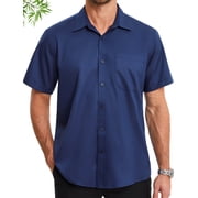 HISDERN Blue Dress Shirt for Men Bamboo Viscose Breathable Short Sleeve Button Down Shirt Classic Fit