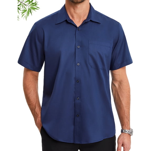 HISDERN Blue Dress Shirt for Men Bamboo Viscose Breathable Short Sleeve Button Down Shirt Classic Fit