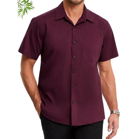 HISDERN Bamboo Viscose Dress Shirts for Men Lightweight Red Short Sleeve Button Down Shirt Classic Fit