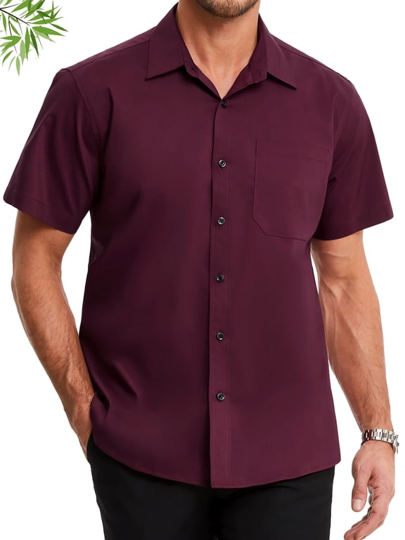 Bamboo Viscose Dress Shirts for Men Lightweight Red Short Sleeve Button Down Shirt Classic Fit