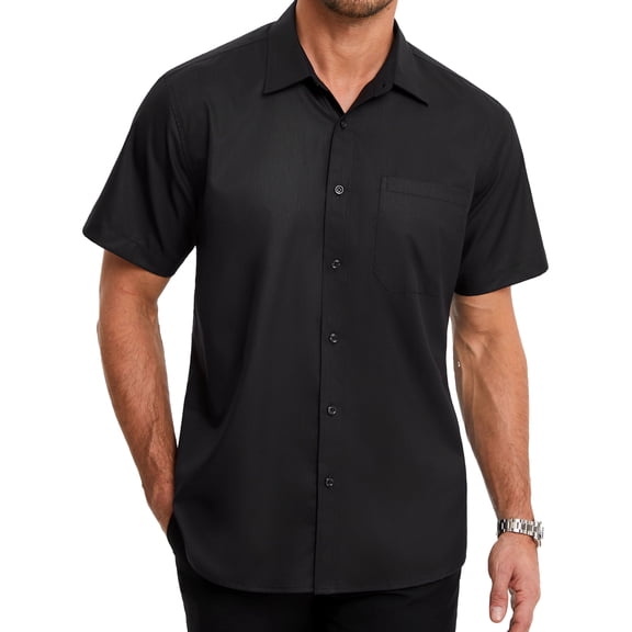 HISDERN Mens Black Dress Shirt Breathable Short Sleeve Button Down Shirt Bamboo Viscose Classic Fit