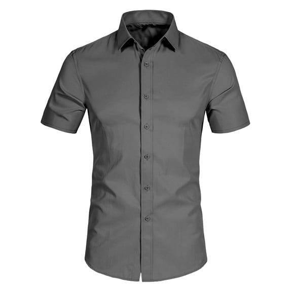 Men's Short Sleeve Dress Shirts Stretch Solid Slim Fit Casual Businss Button Down Shirt