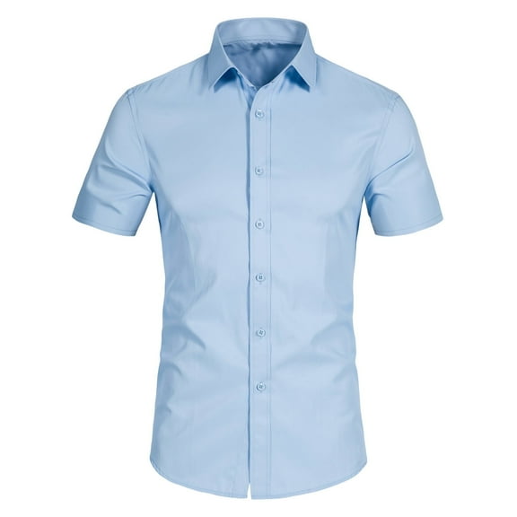 Men's Short Sleeve Dress Shirts Stretch Solid Slim Fit Casual Businss Button Down Shirt