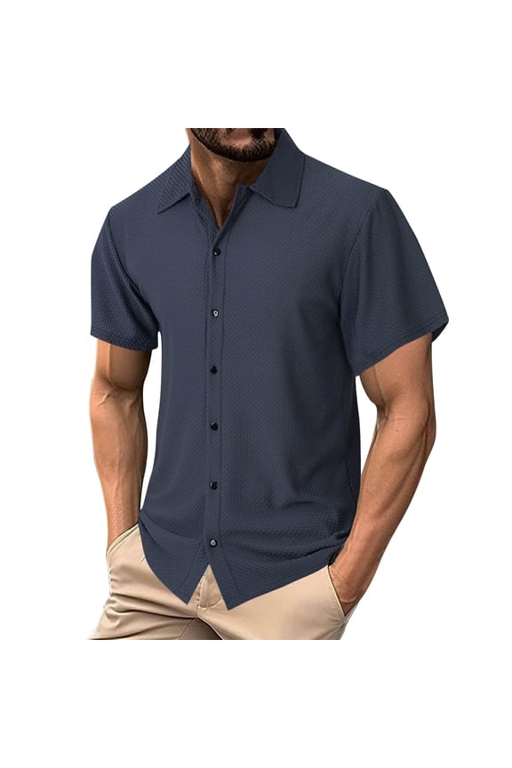 Men's Short Sleeve Dress Shirts Stretch Stain Shield Casual Button Down Shirts Solid Formal Shirt