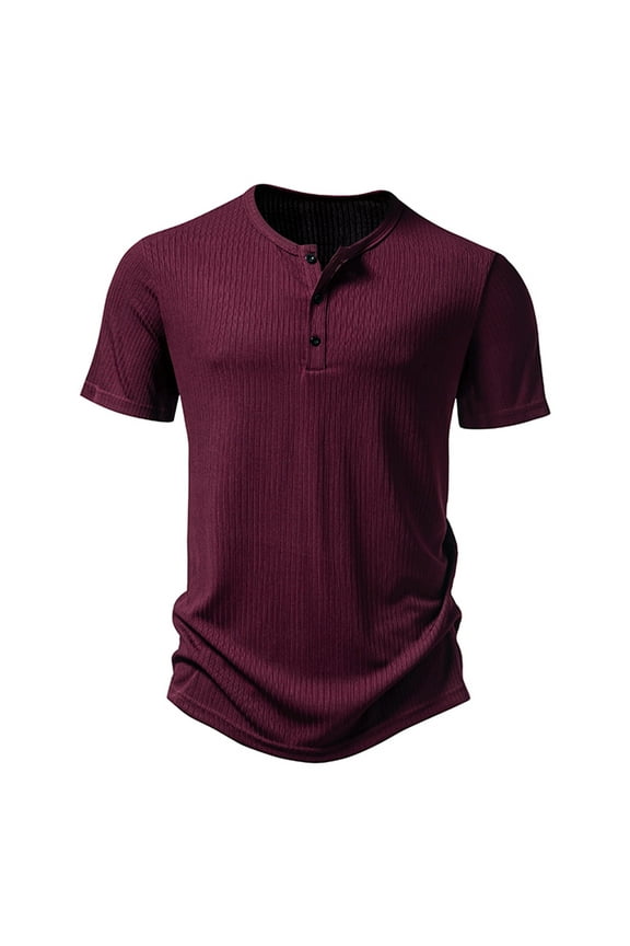 Men's Short Sleeve Front Placket Muscle T-Shirts Casual Slim Fit Stretch Tee Henley Outdoor Textured Tee Shirts Wine L