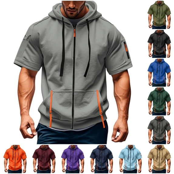 Men’s Short Sleeve Full-Zip Hoodie, Casual Athletic Hooded Sweatshirt with Contrast Trim & Pockets Light Gray XXXL