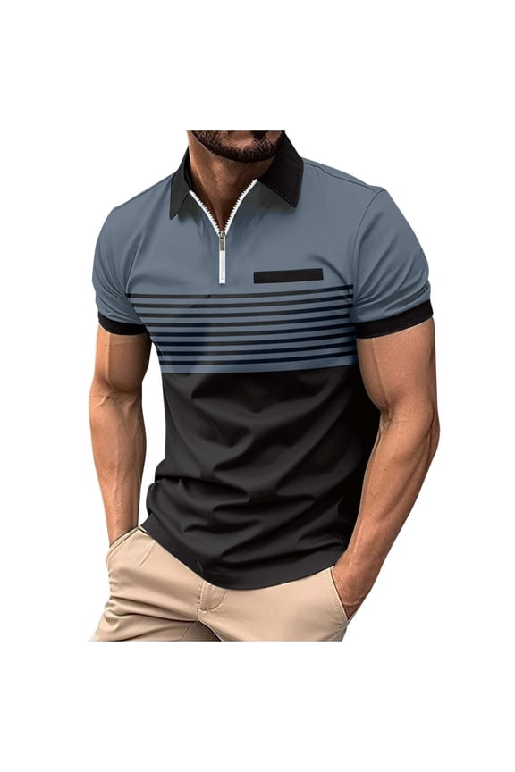 Men's Short Sleeve Golf Shirt Quarter Zip Color Block Striped Pique Jersey Performance Athletic Quick Dry Tee for Tennis Summer Sports Lightweight Moisture Wicking Top