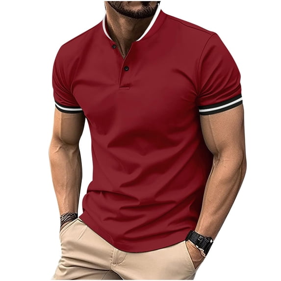 Men's Short Sleeve Golf Shirts Performance Pique Band Collar Tennis Tops Breathable Lightweight Regular Fit 2-Button Athletic Casual Summer Vacation Activewear