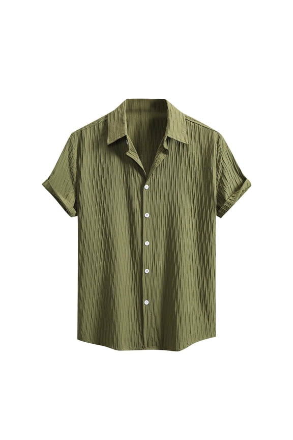 Men's Short Sleeve Hawaiian Button Down Shirt Textured Grid Summer Beach Vacation Tops Regular Fit Stretch Lightweight Breathable Cardigan Shirts for Cruise Pool Party