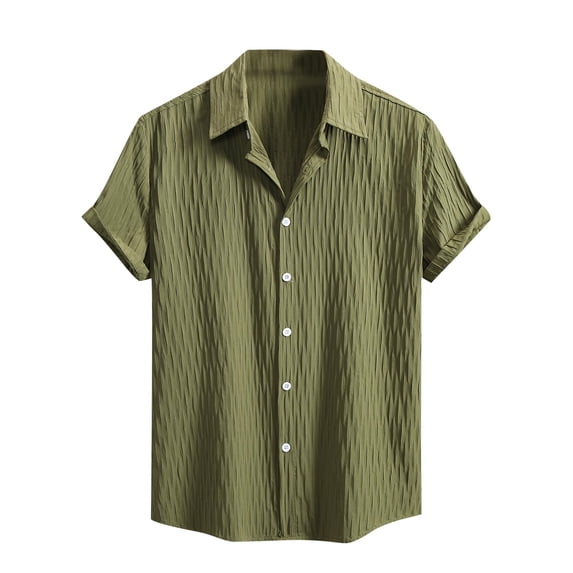 Men's Short Sleeve Hawaiian Button Down Shirt Textured Grid Summer Beach Vacation Tops Regular Fit Stretch Lightweight Breathable Cardigan Shirts for Cruise Pool Party