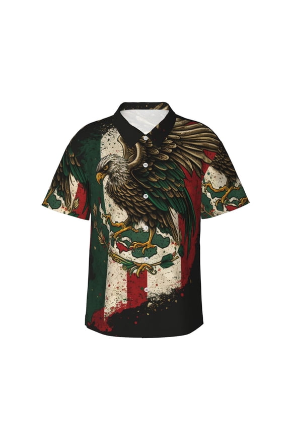 Men's Short Sleeve Hawaiian Shirt Button-Down Beach Shirts Summer Tops, Eagle Flag Of Mexico Mexican Flags
