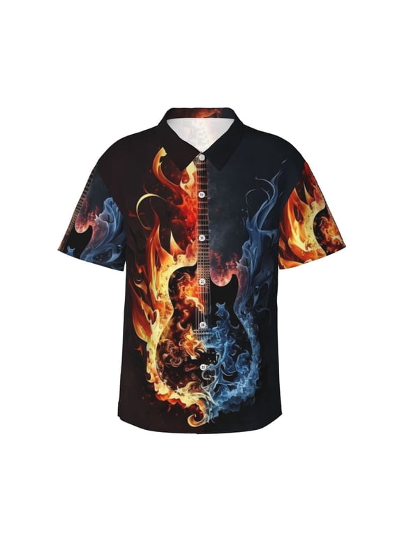 Men's Short Sleeve Hawaiian Shirt Button-Down Beach Shirts Summer Tops, Flaming Burning Guitar Red Blue Fire