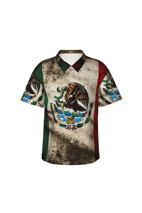 Men's Short Sleeve Hawaiian Shirt Button-Down Beach Shirts Summer Tops, Mexican American Flag Proud Mexico