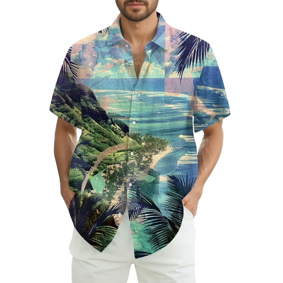 Men's Short Sleeve Hawaiian Shirt, Loose Fit Tropical Palm Print Button Down Casual Shirt with Pocket Tropical Cuban Collar Casual Shirt