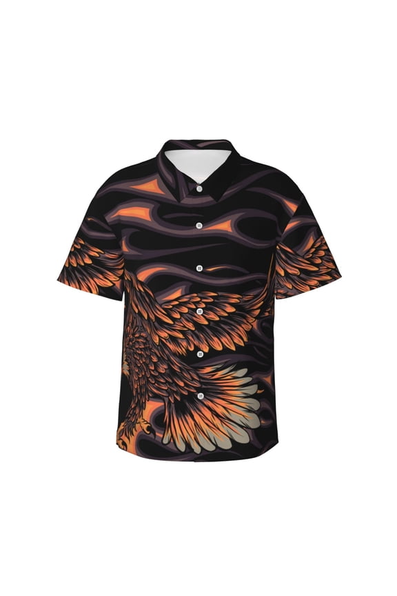 Men's Short Sleeve Hawaiian Shirts Casual Button Down Summer Beach Tops, Flaming Eagle Fire