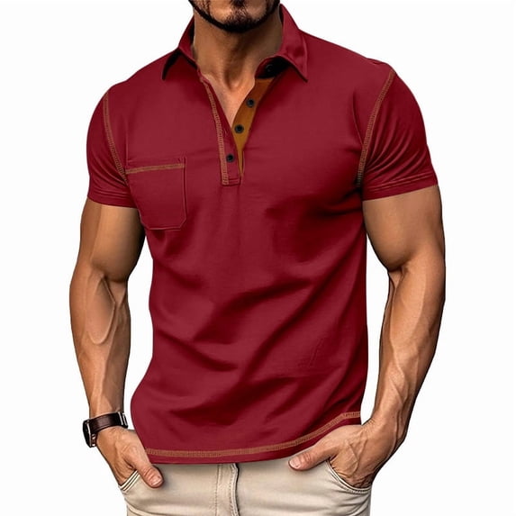 Men's Short Sleeve Henley Pullover Light Weight Tee Shirts Button Shirt Top for Summer Casual Wine Red L
