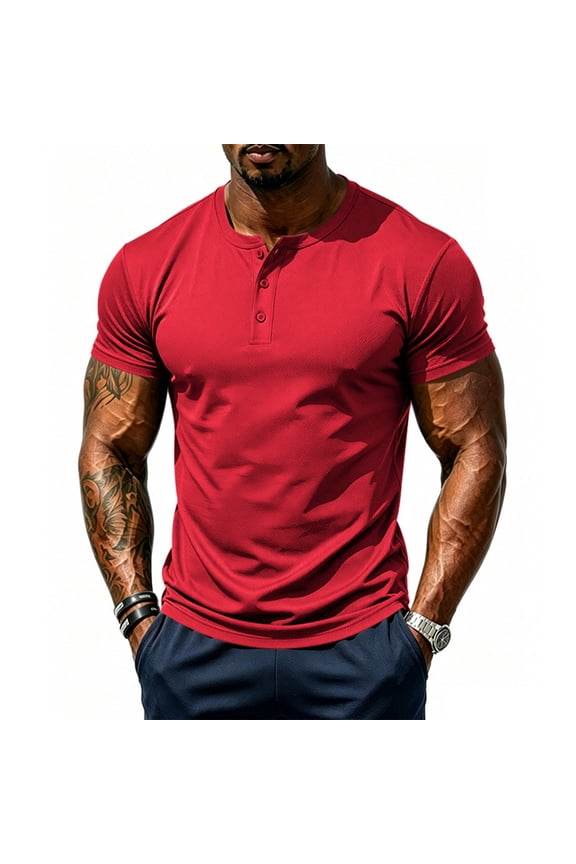 Men's Short Sleeve Henley Shirt Athletic Slim Fit Button Down Tops Casual Workout Tee （Red,S）