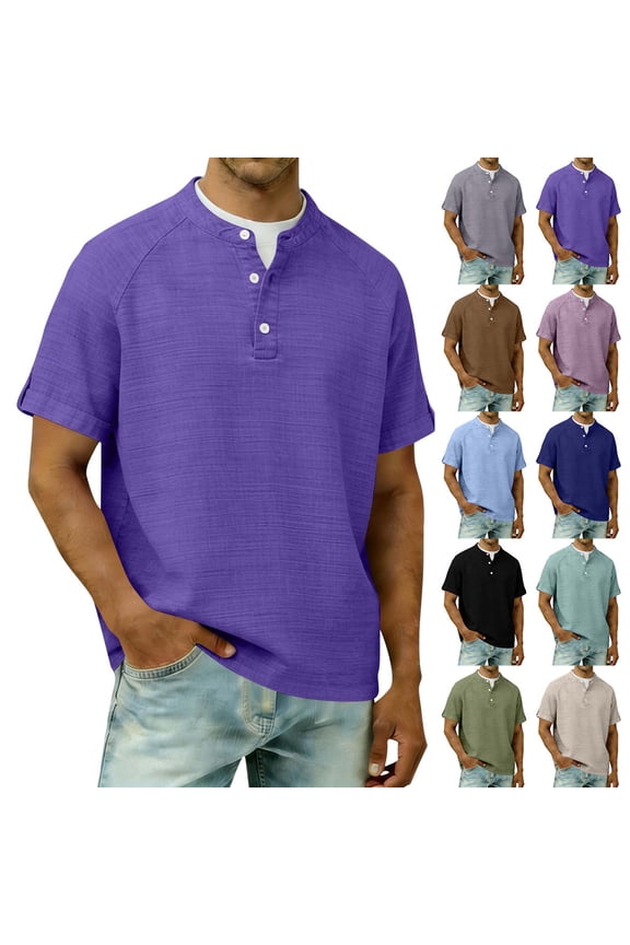 Men’s Short Sleeve Henley Shirt Cotton and Linen Casual Button Down T Shirt Lightweight Breathable Summer Tee Relaxed Fit Basic Pullover Top