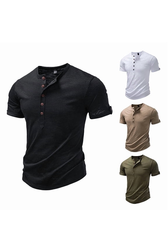 Men's Short Sleeve Henley Shirt with Button Placket Solid Color Casual Tops Mens Summer Fitted T Shirts for Comfortable Wear