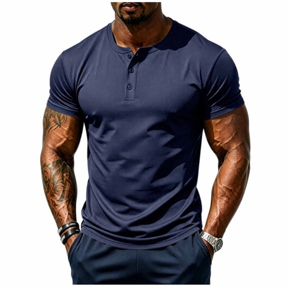 Men's Short Sleeve Henley T-Shirt, Moisture Wicking Quick Dry Breathable Athletic Tee, Casual Button Placket Workout Top for Gym & Daily Wear Navy