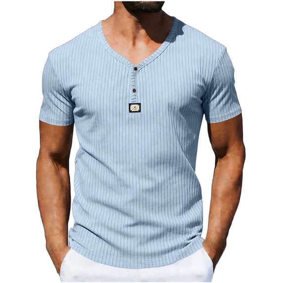 Men's Short Sleeve Henley T-Shirts Ribbed V Neck Slim Fit Stretchy Casual Summer Fashion Textured Button Down Pullover Tops