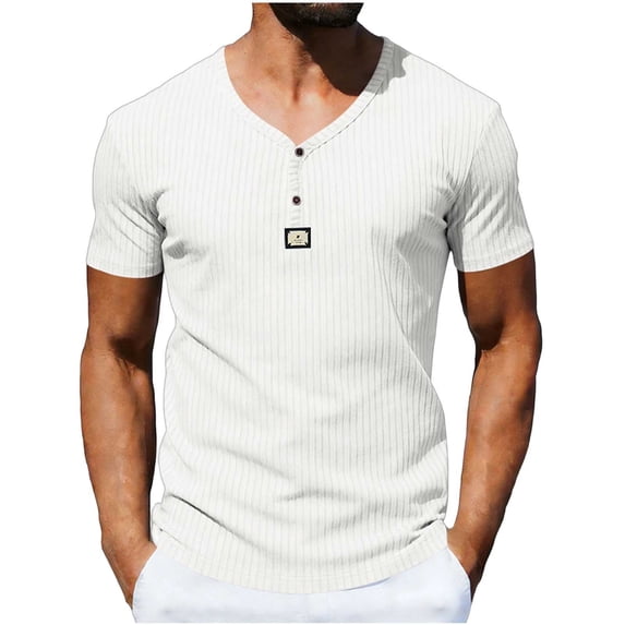 Men's Short Sleeve Henley T-Shirts Ribbed V Neck Slim Fit Stretchy Casual Summer Fashion Textured Button Down Pullover Tops