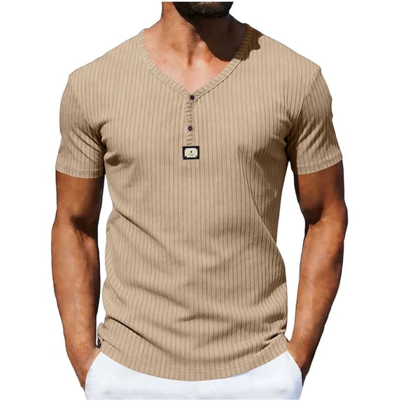 Men's Short Sleeve Henley T-Shirts Ribbed V Neck Slim Fit Stretchy Casual Summer Fashion Textured Button Down Pullover Tops