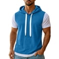 thumbnail image 1 of Men's Short Sleeve Hooded Shirt, Patchwork Faux Two-Piece Waffle Knit T-Shirt Loose Casual Tee Tops Blue M, 1 of 8