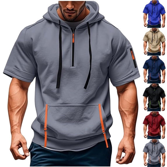 Men's Short Sleeve Hooded Shirt Polyester Zipper Closure Multiple Pockets Solid Color Summer Outdoor Hiking Travel Work Shirt | Zenithor,Gray M