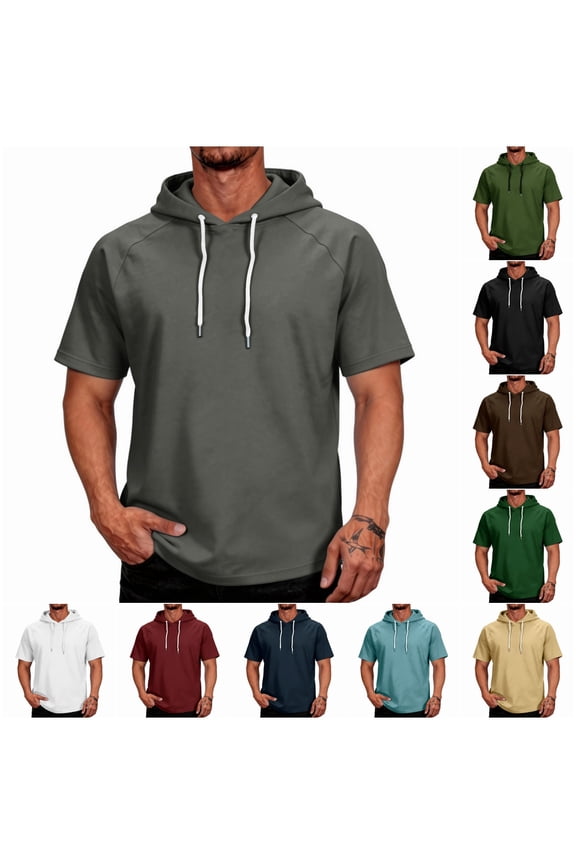 Men's Short Sleeve Hoodie Breathable Athletic Hooded T Shirts 2026 Summer Gym Workout Pullover Hoodies with pockets Dark Gray XXL
