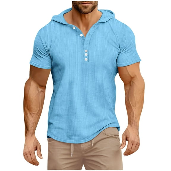 Men's Short Sleeve Hoodie Cotton Hooded T Shirts Lightweight Sweatshirt Hoodies Pullover Sky Blue L