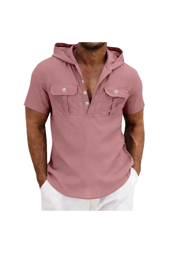Men's Short Sleeve Hoodie Cotton Linen Button Up Hooded T-Shirts with Pockets Summer Casual Loose Outdoor Hooded Sweatshirt
