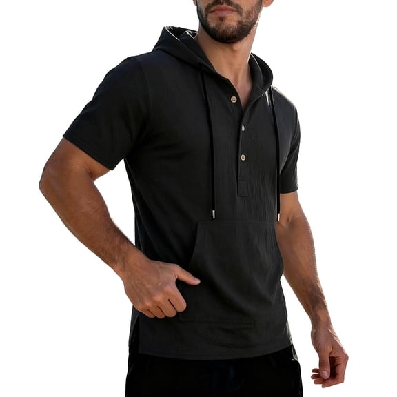 Men's Short Sleeve Hoodie Pullover Button Drawstring Pocket Summer Casual Beach Tops Father's Day Gift