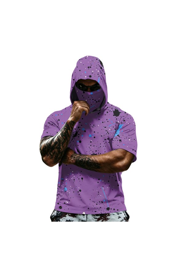 Men's Short Sleeve Hoodie Pullover with Abstract Paint Splatter Print Relaxed Fit Casual Lightweight Top for Everyday Wear
