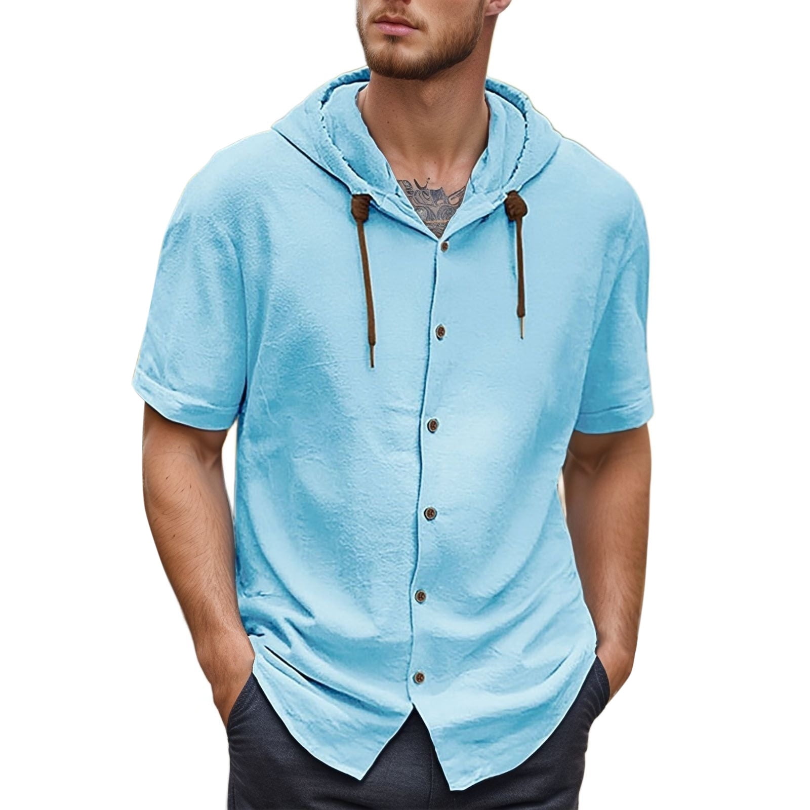 Men's Short Sleeve Hoodie Shirt - Casual Solid Color Open Cardigan ...