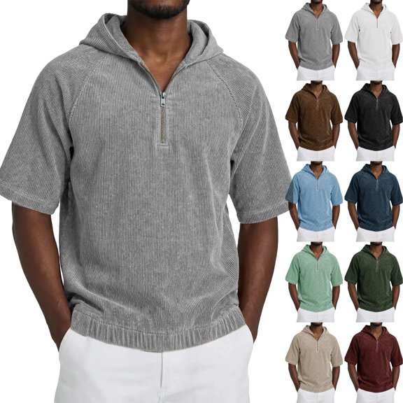 Men's Short Sleeve Hoodie Shirt Corduroy Ribbed Qurater Zip Pullover Casual Summer Stylish Loose Fit Vintage T Shirt for Summer Lounging Weekend Errands Golf Outings Gray S