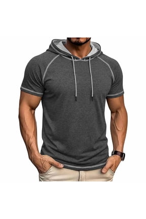 Men's Short Sleeve Hoodie Workout Gym Athletic Cotton Lightweight Hooded T Shirts Sweatshirt Size M-3XL Dark Gray