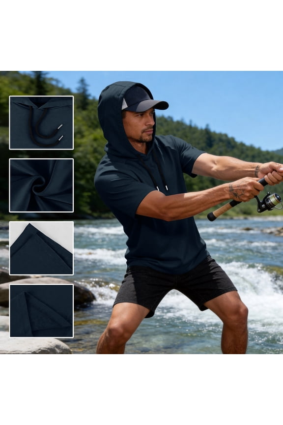 Men's Short Sleeve Hoodie Workout Gym Athletic Cotton Lightweight Hooded T Shirts Sweatshirt