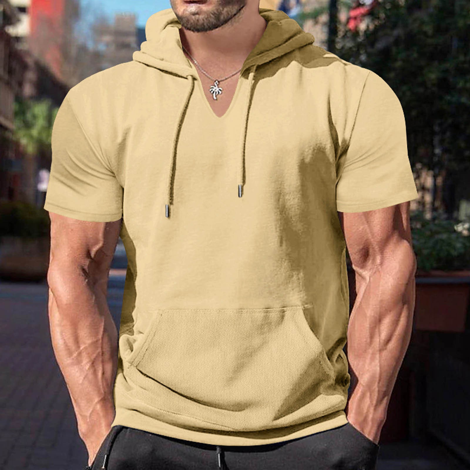 Men s Short Sleeve Hoodie Workout Gym Sweatshirt Muscle Fit Fashion Athletic Hoodies Pullover Cotton Hooded T Shirts Sweatshirt Walmart