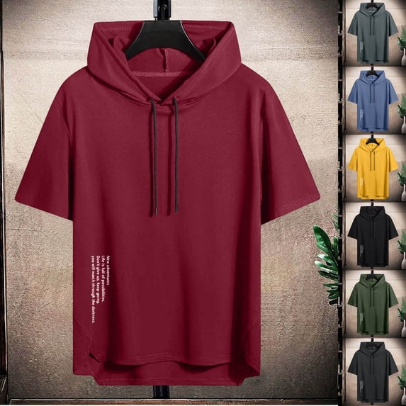 Men's Short Sleeve Hoodie Workout Hooded T-Shirt Quick Dry Muscle Tee Moisture Wicking Training Top for Fitness Bodybuilding Running Summer Casual Graphic Shirt with Side Slits