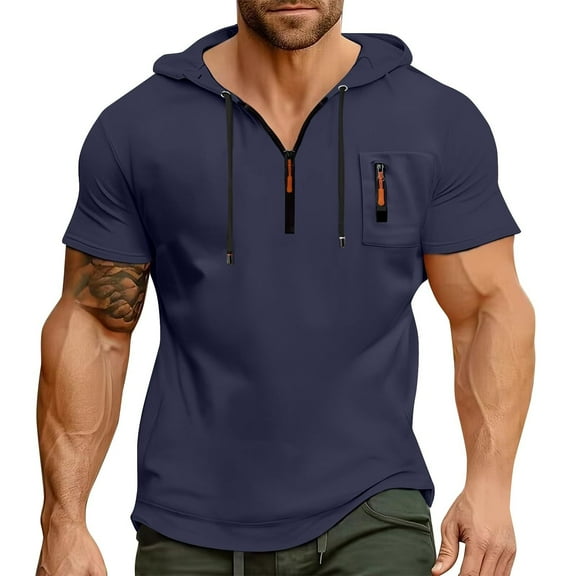 Men's Short Sleeve Hoodie with Pockets - Lightweight Breathable Drawstring Hooded T-Shirt, Casual Sportswear for Leisure/Training - Polyester