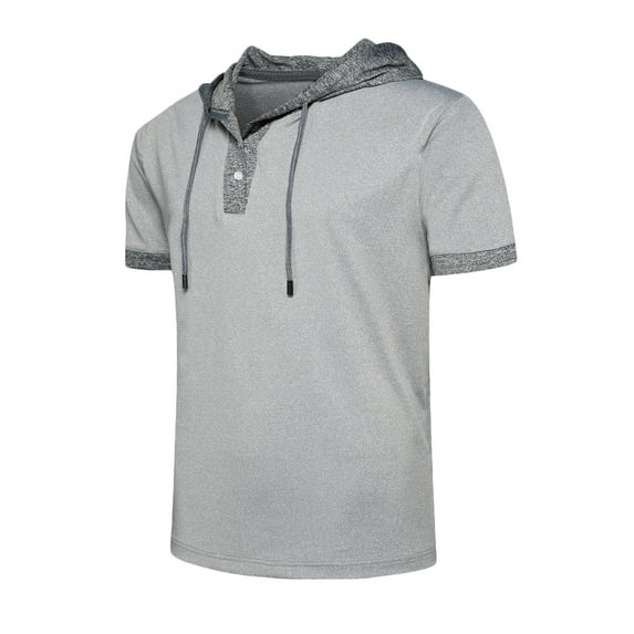 Men's Short Sleeve Hoodies Button Henley Shirts Colorblock Casual Summer Pullover T-Shirt with Drawstring
