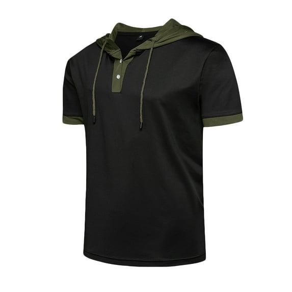 Men's Short Sleeve Hoodies Button Henley Shirts Colorblock Casual Summer Pullover T-Shirt with Drawstring