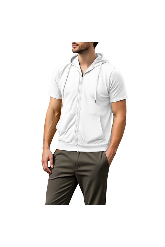 Men's Short Sleeve Hoodies Pocket Lightweight Quick Dry Sports Workout Full Zip Up Sweat Shirts with Hood (2XL, White)