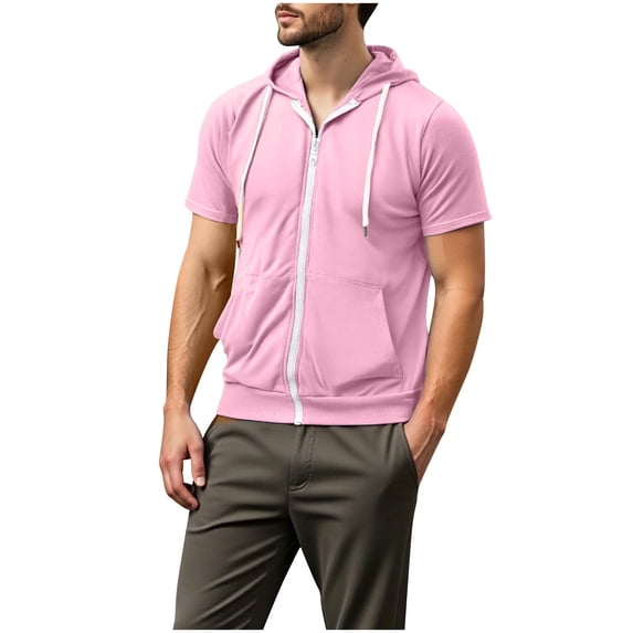Men's Short Sleeve Hoodies Pocket Lightweight Quick Dry Sports Workout Full Zip Up Sweat Shirts with Hood (M, Pink)