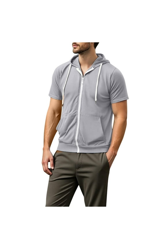 Men's Short Sleeve Hoodies Pocket Lightweight Quick Dry Sports Workout Full Zip Up Sweat Shirts with Hood (S, Gray)