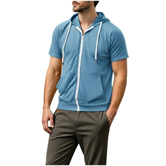 Men's Short Sleeve Hoodies Solid Color Lightweight Soft Zip Up Hoodie Men Athletic Workout Jackets with Pockets
