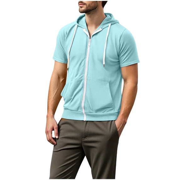 Men's Short Sleeve Hoodies Solid Color Lightweight Soft Zip Up Hoodie Men Athletic Workout Jackets with Pockets