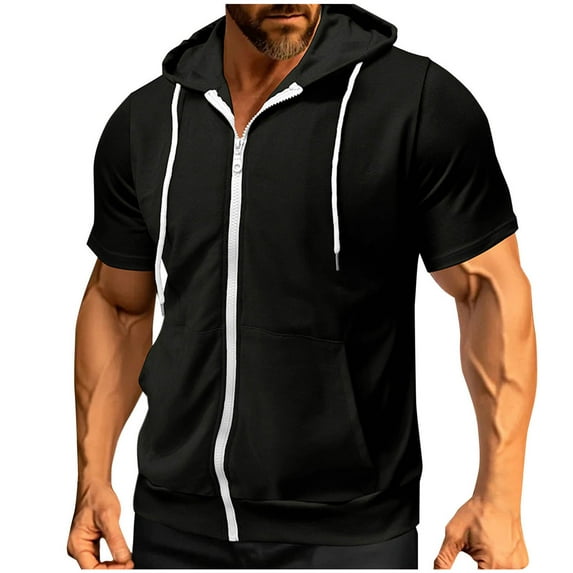 Men's Short Sleeve Hoodies Solid Color Zip Up Jackets with Hood Black S