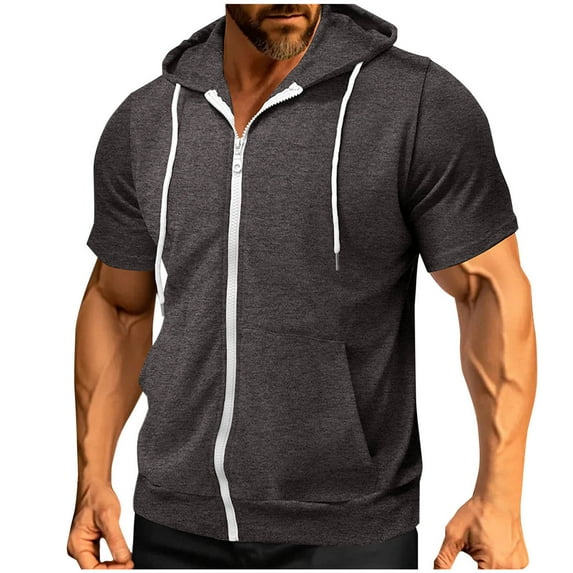 Men's Short Sleeve Hoodies Solid Color Zip Up Jackets with Hood Dark Gray L